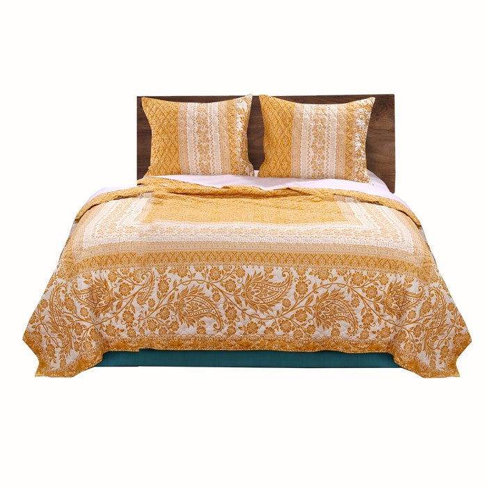 Fabric King Size Quilt Set with Paisley and Floral Motif, White and Orange - BM223385