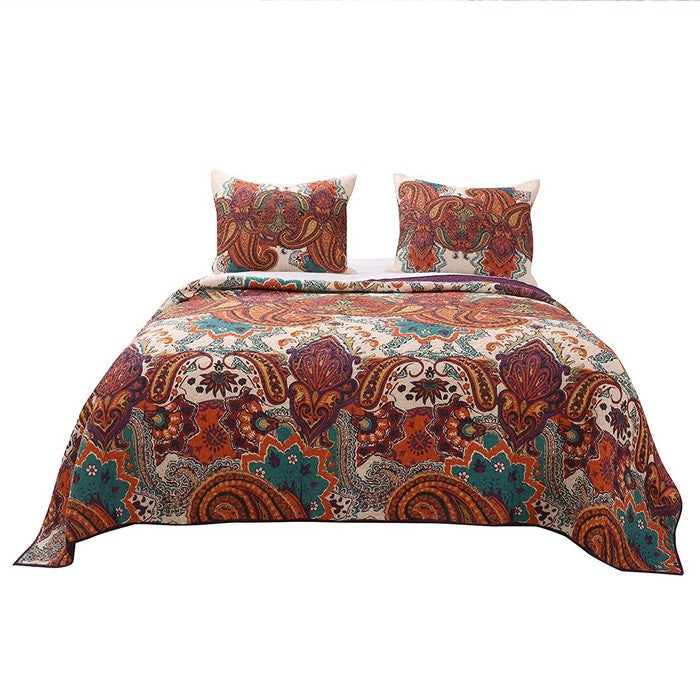 3 Piece King Size Cotton Quilt Set with Jacobean Print, Multicolor - BM223398