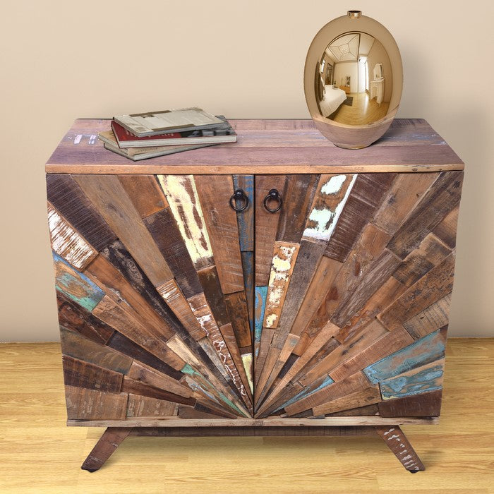 Rustic Style Wooden Sideboard with Sunburst Design Door Storage, Distressed Brown