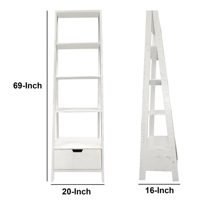 4 Shelf Wooden Ladder Bookcase with Bottom Drawer, Antique white