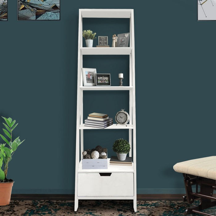 4 Shelf Wooden Ladder Bookcase with Bottom Drawer, Antique white