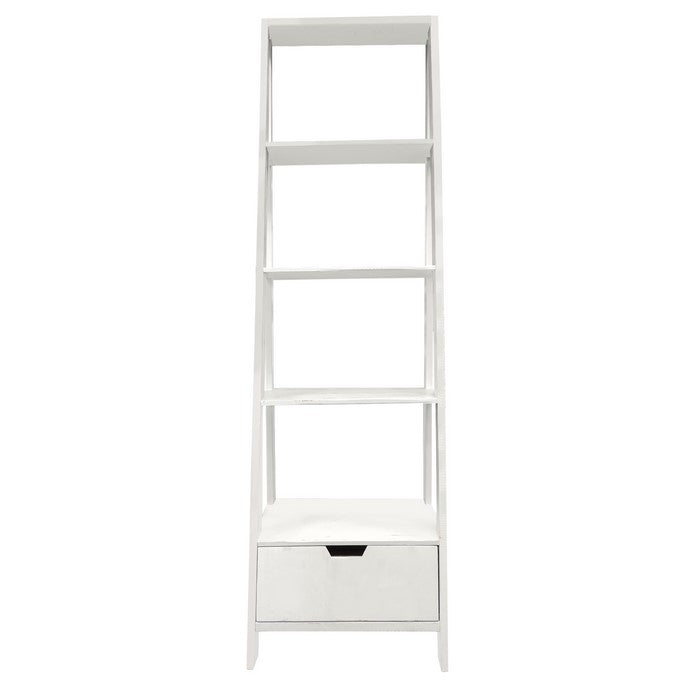 4 Shelf Wooden Ladder Bookcase with Bottom Drawer, Antique white