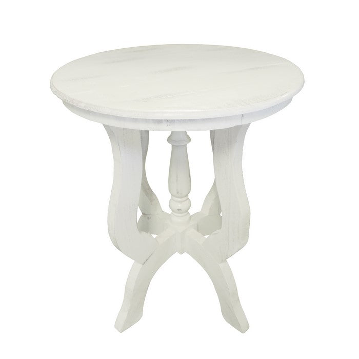Round Wooden End Table with 4 Legged Flared Pedestal Base, Distressed White