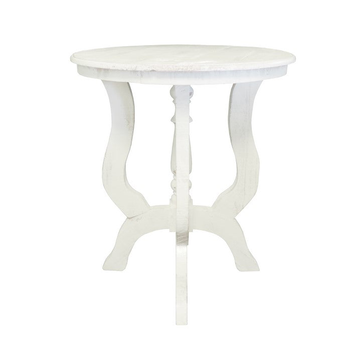 Round Wooden End Table with 4 Legged Flared Pedestal Base, Distressed White