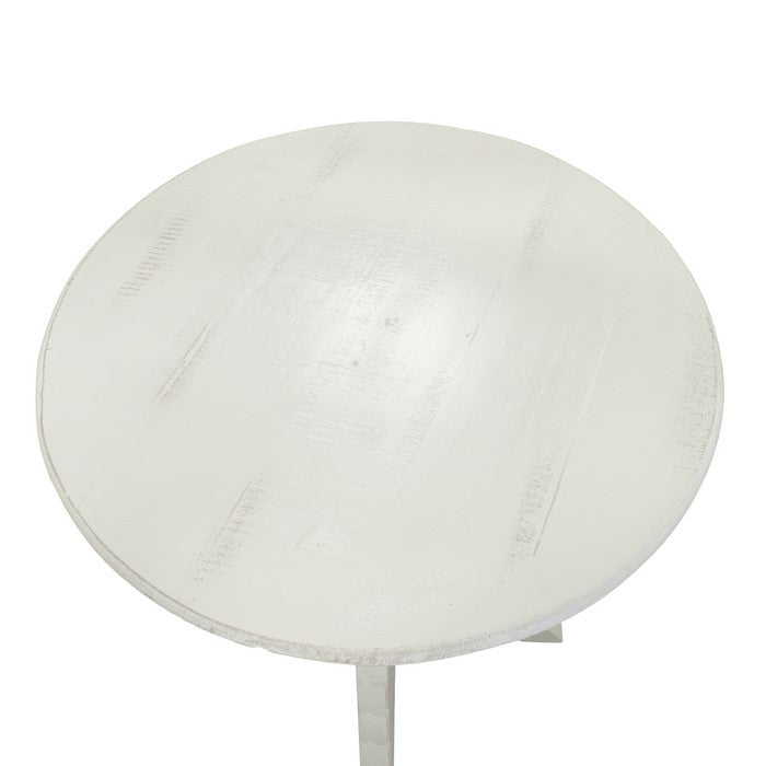 Round Wooden End Table with 4 Legged Flared Pedestal Base, Distressed White