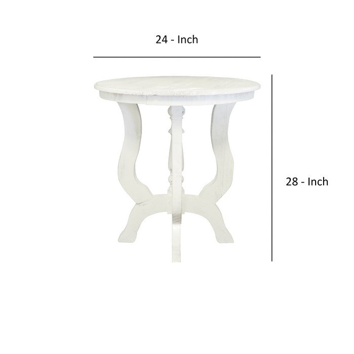 Round Wooden End Table with 4 Legged Flared Pedestal Base, Distressed White