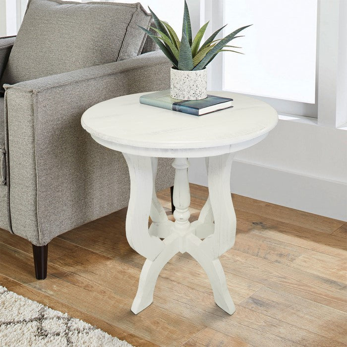 Round Wooden End Table with 4 Legged Flared Pedestal Base, Distressed White