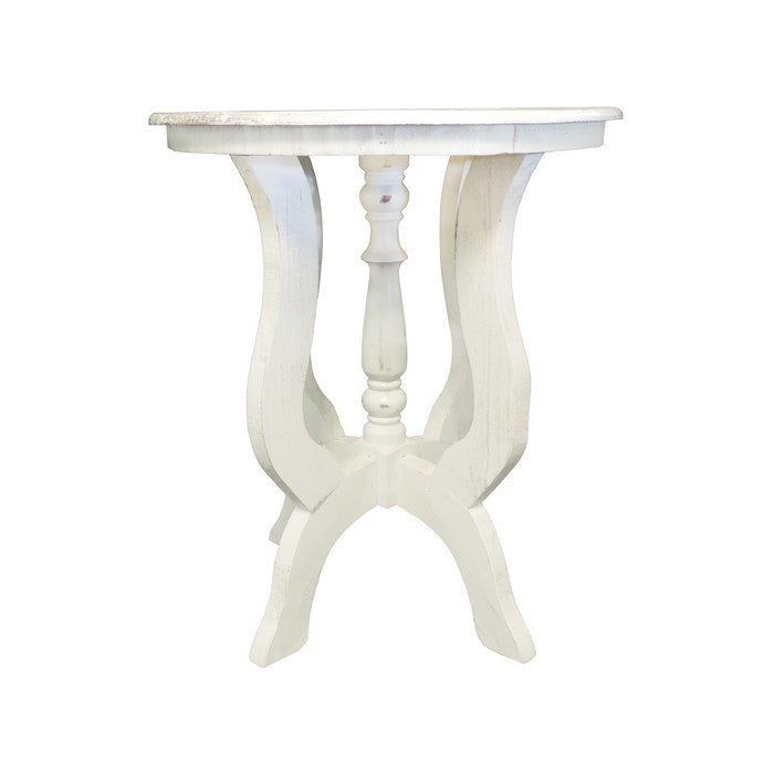 Round Wooden End Table with 4 Legged Flared Pedestal Base, Distressed White