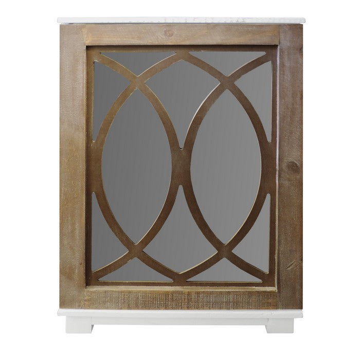 Rectangular Lattice Wooden Side Table with Mirror Insert, White and Brown