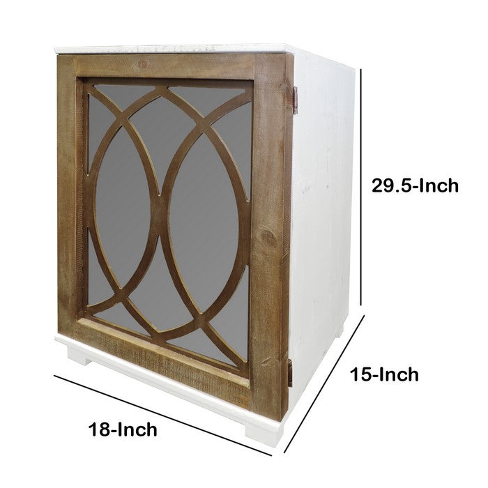 Rectangular Lattice Wooden Side Table with Mirror Insert, White and Brown