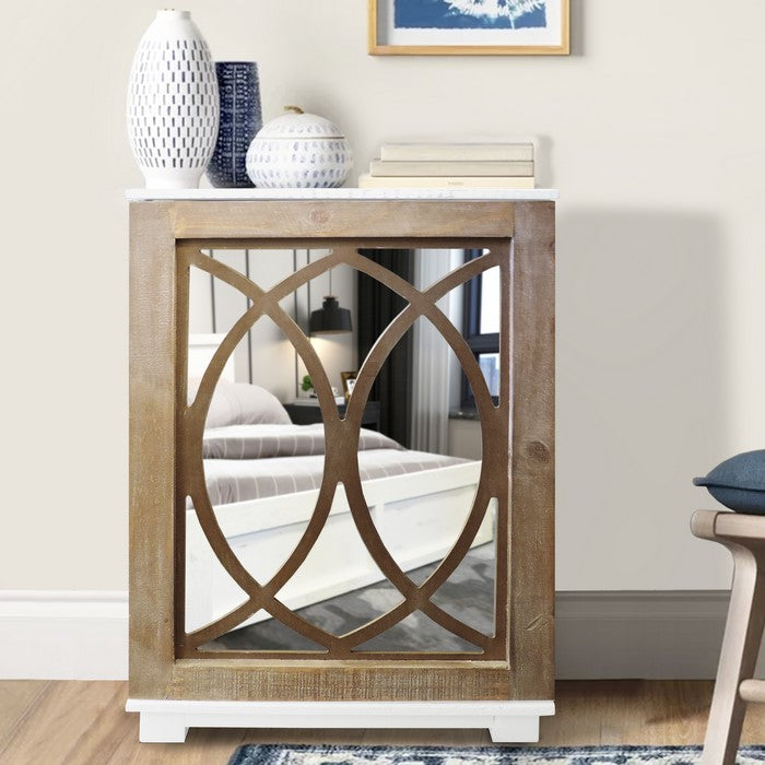 Rectangular Lattice Wooden Side Table with Mirror Insert, White and Brown