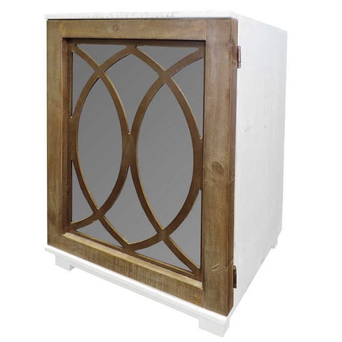 Rectangular Lattice Wooden Side Table with Mirror Insert, White and Brown