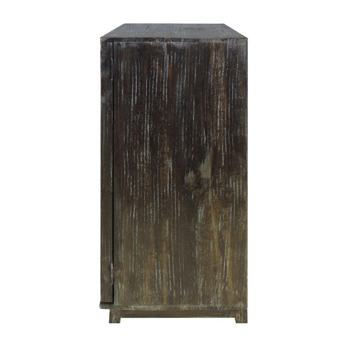 Wooden Side Table with Geometric Mirrored Door Cabinet, White
