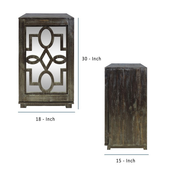Wooden Side Table with Geometric Mirrored Door Cabinet, White