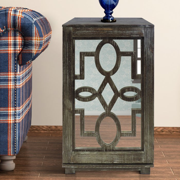 Wooden Side Table with Geometric Mirrored Door Cabinet, White