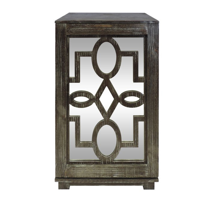 Wooden Side Table with Geometric Mirrored Door Cabinet, White