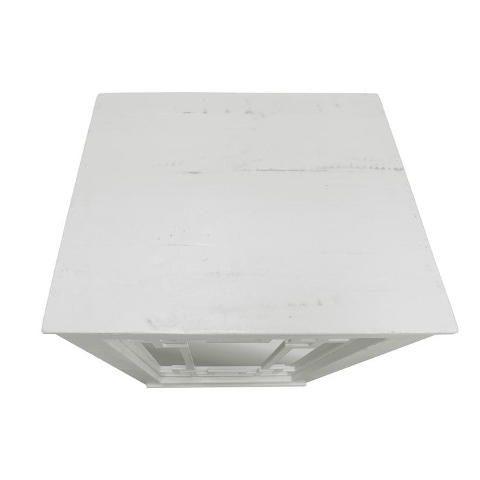 Geometric Pattern Wooden Side Table with Mirrored Door Cabinet, White and Clear