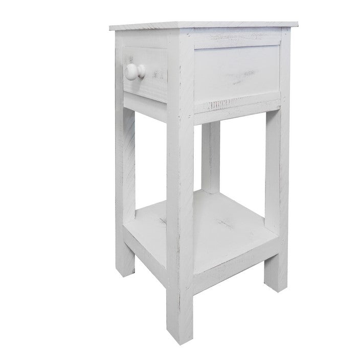 Rough Sawn Textured Wooden Side Accent Table With Drawer, Antique White