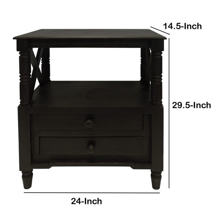 2 Drawer Wooden Side Accent Table with Spindle Design Legs, Cherry Brown