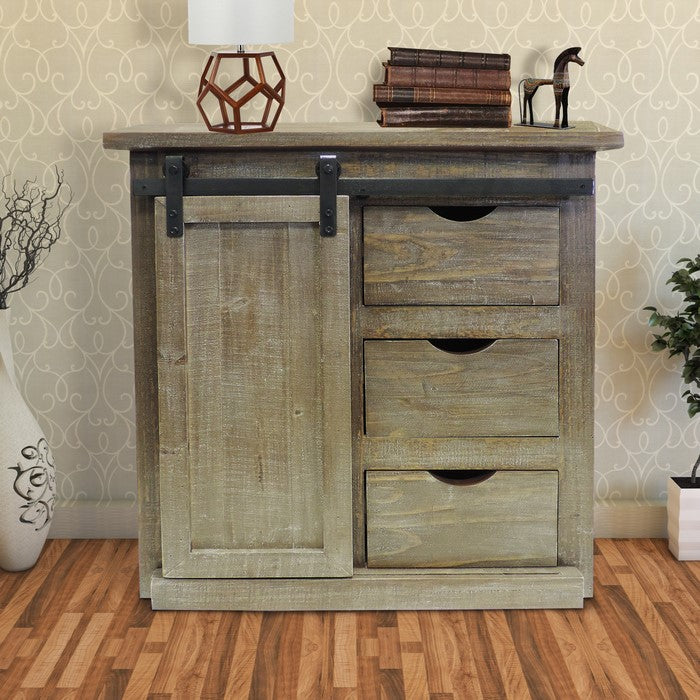 3 Drawer Wooden Accent Chest with Sliding Barn Door Storage, Ash Brown