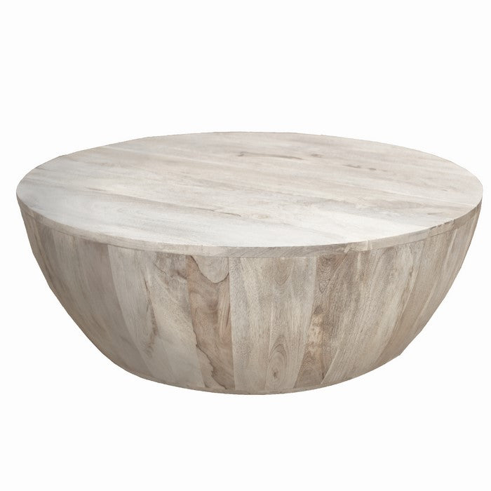 Distressed Mango Wood Coffee Table in Round Shape, Washed Light Brown
