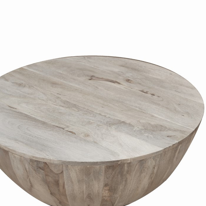 Distressed Mango Wood Coffee Table in Round Shape, Washed Light Brown