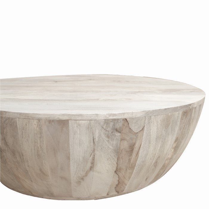 Distressed Mango Wood Coffee Table in Round Shape, Washed Light Brown