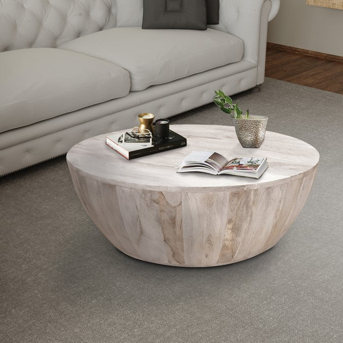 Distressed Mango Wood Coffee Table in Round Shape, Washed Light Brown