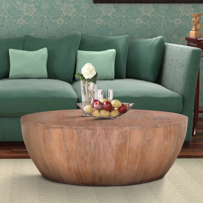 Drum Shape Wooden Coffee Table with Plank Design Base, Distressed Brown