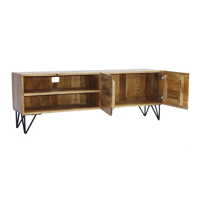 Industrial Style Mango Wood and Metal Tv Stand With Storage Cabinet, Brown