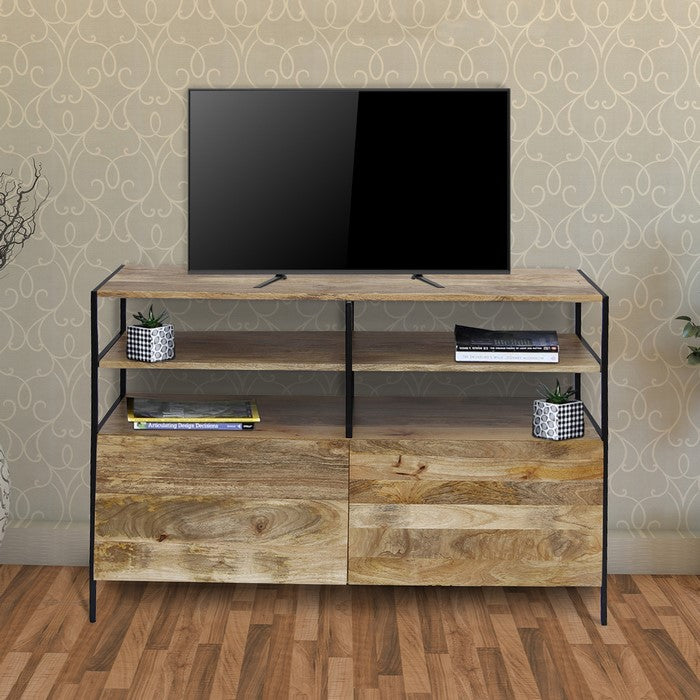 The Urban Port Wooden TV Console Stand With Storage Cabinet, Natural Wood Finish