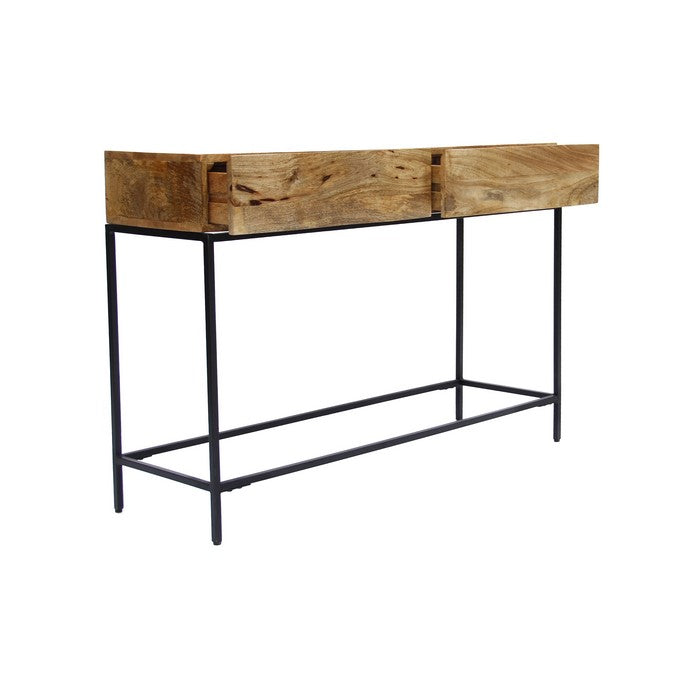 Mango Wood and Metal Console Table With Two Drawers, Brown