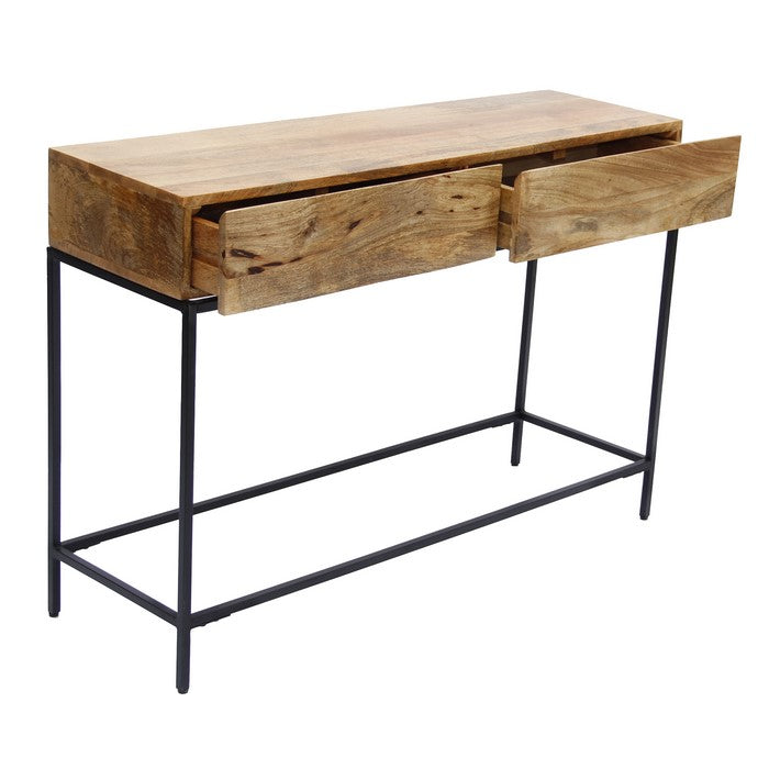 Mango Wood and Metal Console Table With Two Drawers, Brown
