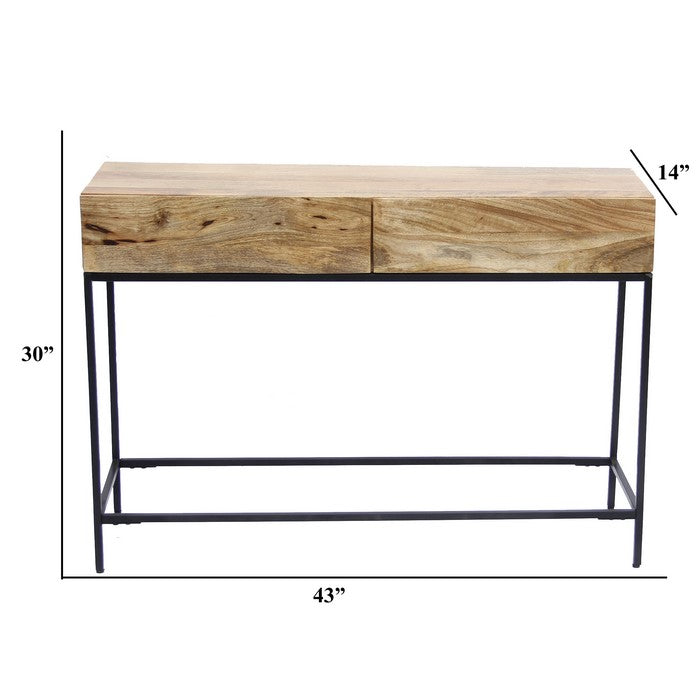 Mango Wood and Metal Console Table With Two Drawers, Brown