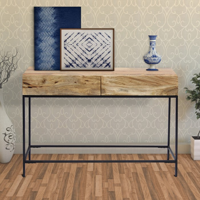 Mango Wood and Metal Console Table With Two Drawers, Brown