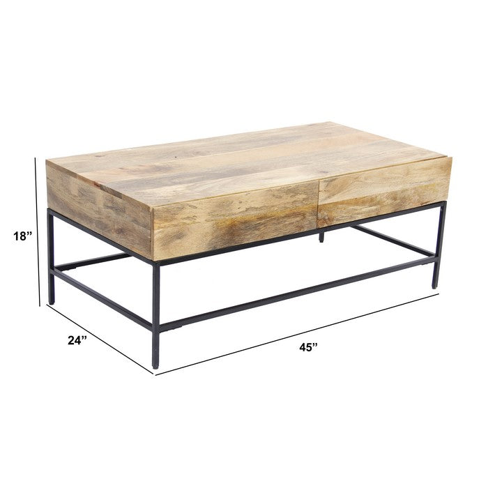 Mango Wood Coffee Table With 2 Drawers, Brown And Black