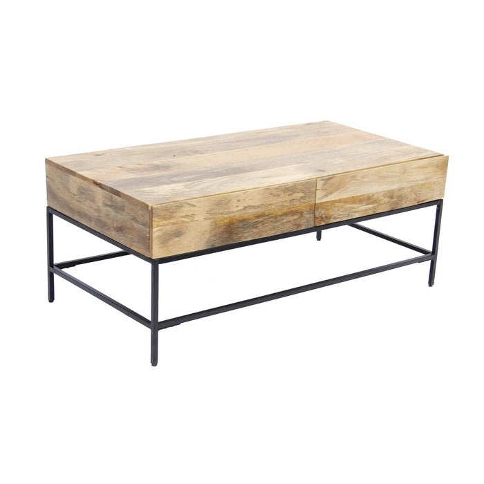 Mango Wood Coffee Table With 2 Drawers, Brown And Black
