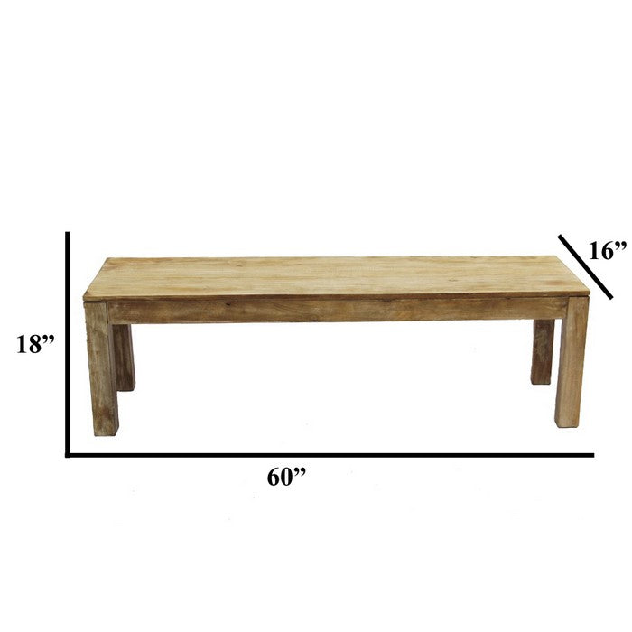 Distressed Mango Wood Outdoor and Indoor Bench with Block Leg Support, Brown