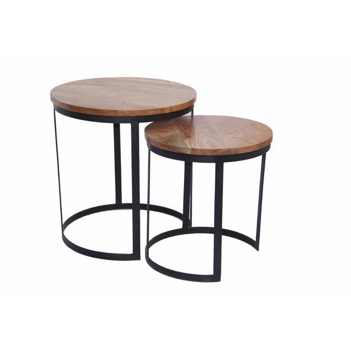 The Urban Port Industrial Style Set Of 2 Round Nesting Tables, Brown And Black
