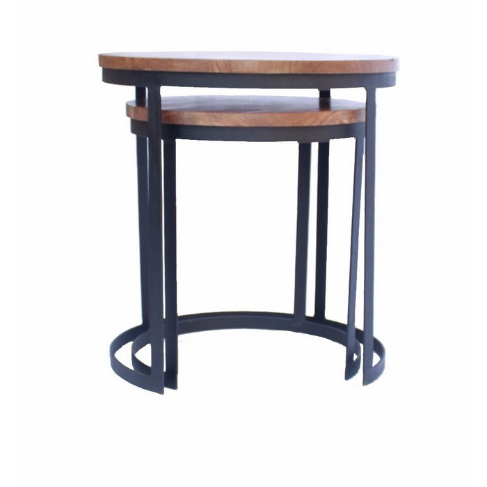 The Urban Port Industrial Style Set Of 2 Round Nesting Tables, Brown And Black