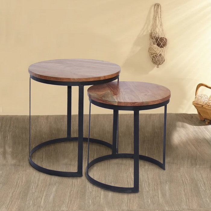 The Urban Port Industrial Style Set Of 2 Round Nesting Tables, Brown And Black