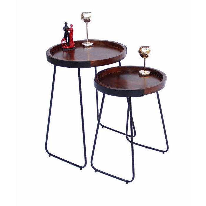 The Urban Port Wooden Round  Tray Top End Tables, brown and Black, Set of 2