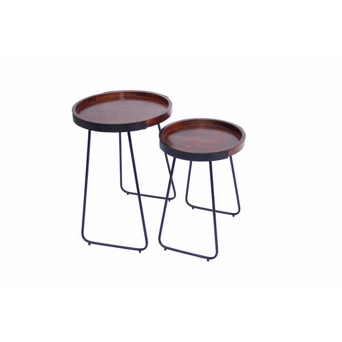 The Urban Port Wooden Round  Tray Top End Tables, brown and Black, Set of 2