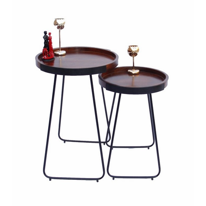 The Urban Port Wooden Round  Tray Top End Tables, brown and Black, Set of 2