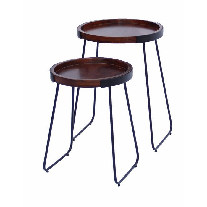 The Urban Port Wooden Round  Tray Top End Tables, brown and Black, Set of 2