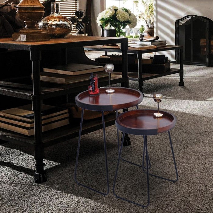 The Urban Port Wooden Round  Tray Top End Tables, brown and Black, Set of 2