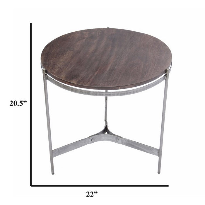 The Urban Port Wooden Round Top Table With 3-Leg Metal Stand, Natural Wood Brown