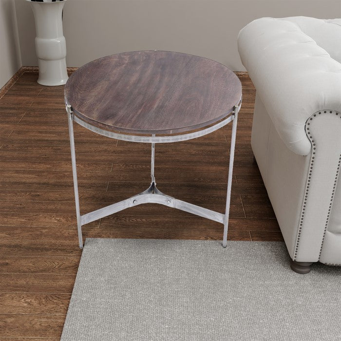 The Urban Port Wooden Round Top Table With 3-Leg Metal Stand, Natural Wood Brown