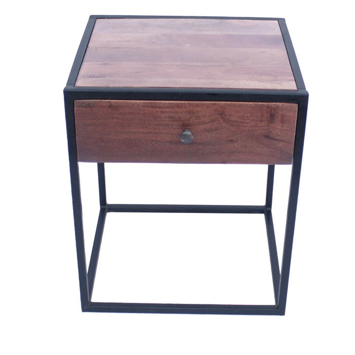 The Urban Port Wooden End Table/Night Stand With One Drawer, Brown & Black