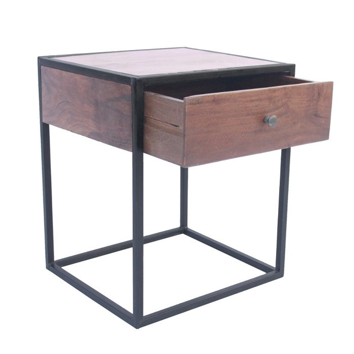 The Urban Port Wooden End Table/Night Stand With One Drawer, Brown & Black